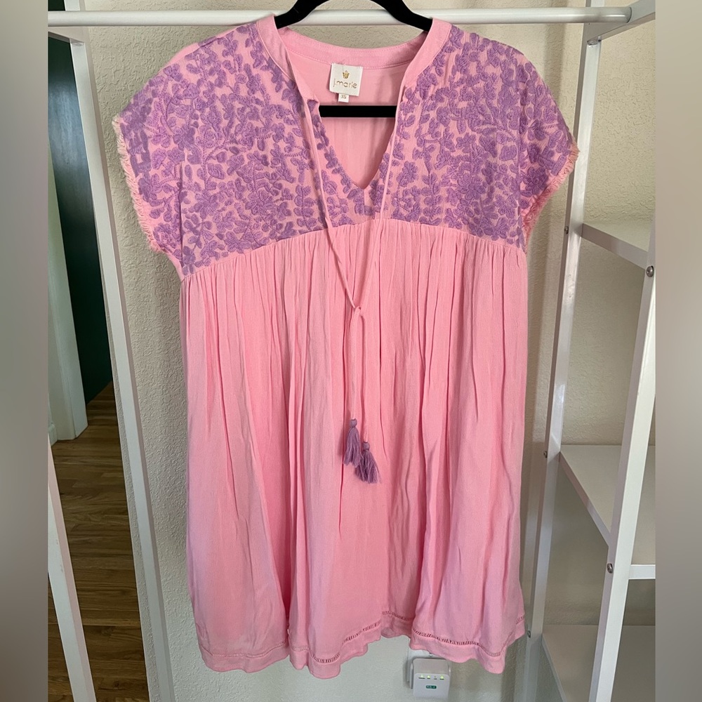 NWOT J Marie Pink Cotton Dress with Purple Floral Embroidery. Size XS.
